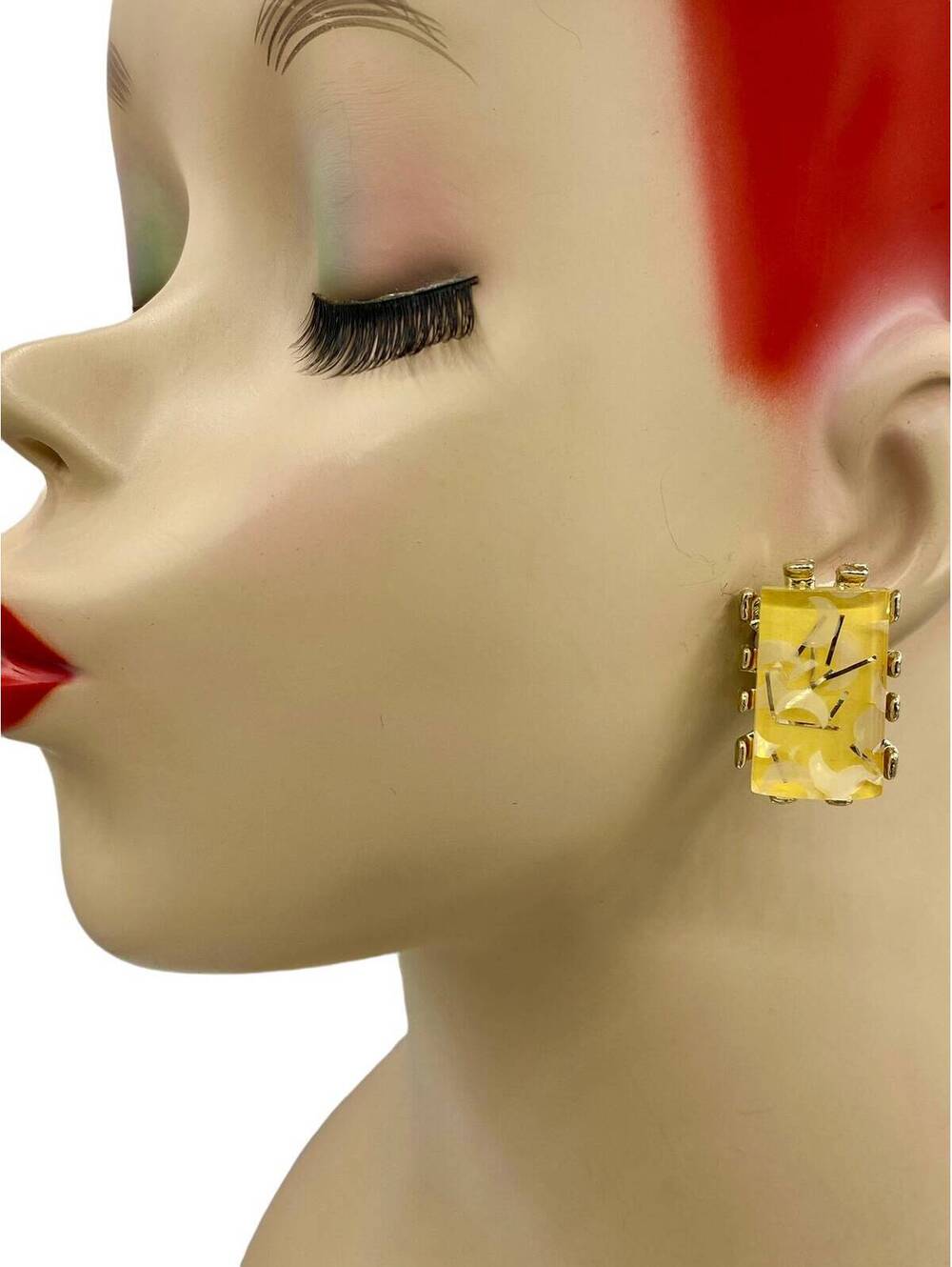 Yellow Thermoset Moon Stars Confetti Glitter Rectangular Clip Earrings AD14